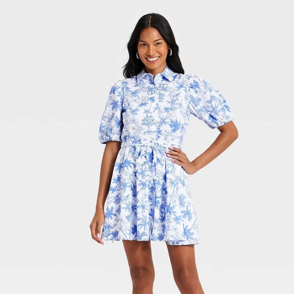 A New Day Balloon Short Sleeve Mini Shirtdress Blue/White Toile - XL - NEW